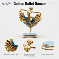 Grande statue de danseuse de ballet d'extérieur en acier inoxydable doré, avec piédestal ajouré en forme de fleur et finition poli miroir, pour monument de place publique, fabrication sur mesure