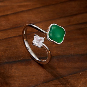 Green Agate Four Leaf Clover Open Ring Women Adjustable Index Finger Retro Chinese Style Jewelry Party Accessory - Product Image 1