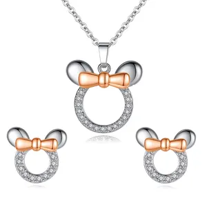Fashion Cute Mickey Minnie Pendant Necklaces earring set for Women Cartoon Rose Gold and Zircon Dream Love jewelry set