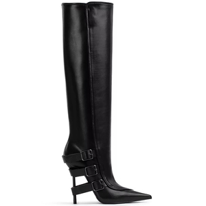 OEM Brand elegante <span class=keywords><strong>donna</strong></span> autunno nero cuoio Pu diverse cinghie tacco sottile punta <span class=keywords><strong>stivali</strong></span> alti al ginocchio per lo Shopping - Product Image 2