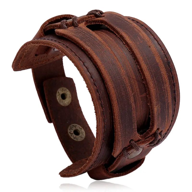 Vintage Sporty Wide Wristband Punk Cowhide Bracelet Simple Multi Layer Men's Accessories Braided Genuine Leather Bracelet