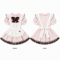 Ensemble de costumes Lolita pour femmes, robe rose douce à manches bouffantes, col avec nœud, jupe en dentelle, tablier à volants, cosplay pour fête d'Halloween