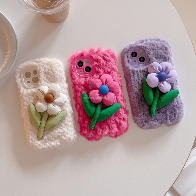 Trendy 3D Flower Fluffy Phone Case Soft Plush Anti-drop Protective Cover for iphone 11 12 13 14 15 16 pro max