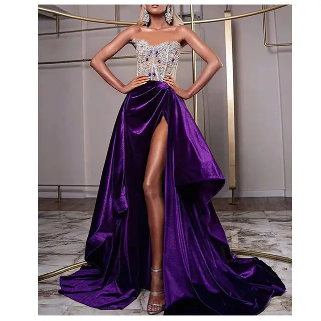 Женское длинное платье с блестками, блестящее фиолетовое вечернее платье с открытыми плечами и бусинами