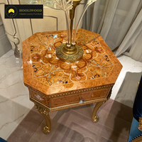 Table d'appoint octogonale de luxe avec tiroir, finition en bois orange et motifs incrustés, pour salon haut de gamme