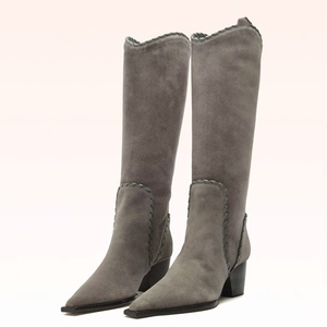 Femmes String Tangled High Chunky Wedge Heels Shoes Pointed Toe Suede Knee High Boots V-shaped Top Slip on Long Boots - Product Image 5