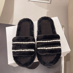 Nuevas Pantuflas de Felpa con Punta Abierta y Rayas, Personalizables con Perlas, Cálidas y Antideslizantes para Mujer, para Uso en Interiores - Product Image 5