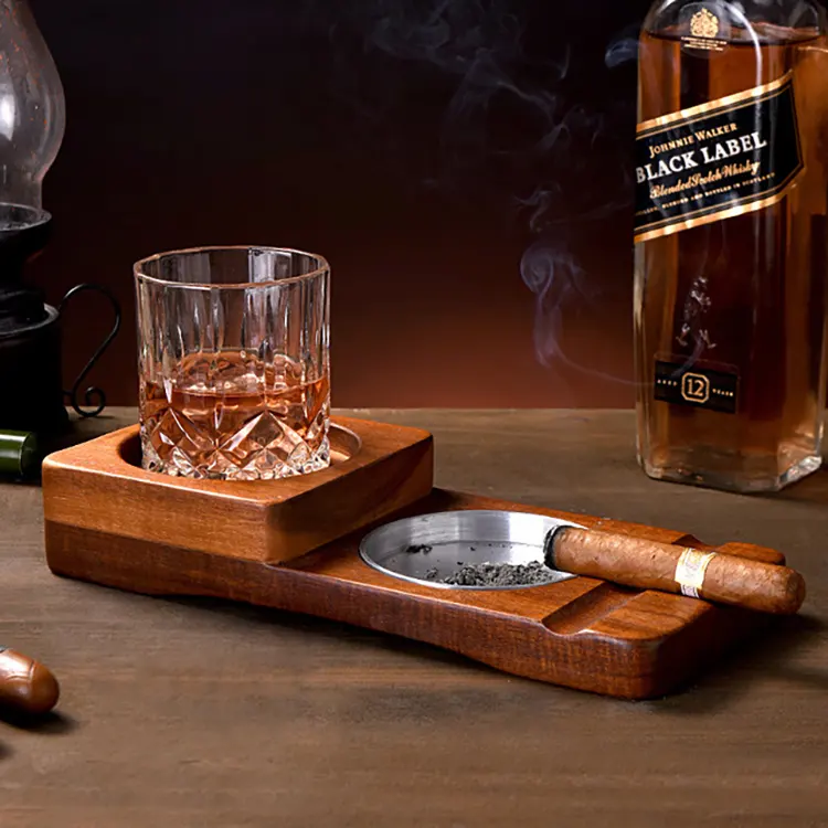 עץ סיגר מחזיק ויסקי זכוכית מגש מוצק עץ סיגר אפר מגש מאפרה עבור בר עסקי מתנה