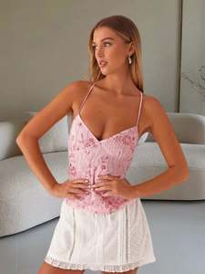 Укороченный топ с открытой спиной и блестками Y2k, украшенный жемчугом камисоль, летний топ с блестками, V-образным вырезом, со стразами, новый топ - Product Image 6