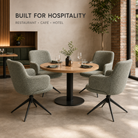 Fauteuil de salle à manger, tissu vert sauge, tissage texturé bouclé, base araignée, table ronde en bois pour café, restaurant et hôtel