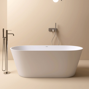 Bañera moderna independiente Maydon, diseño ovalado de superficie sólida con piedra artificial elegante para Baño - Product Image 1