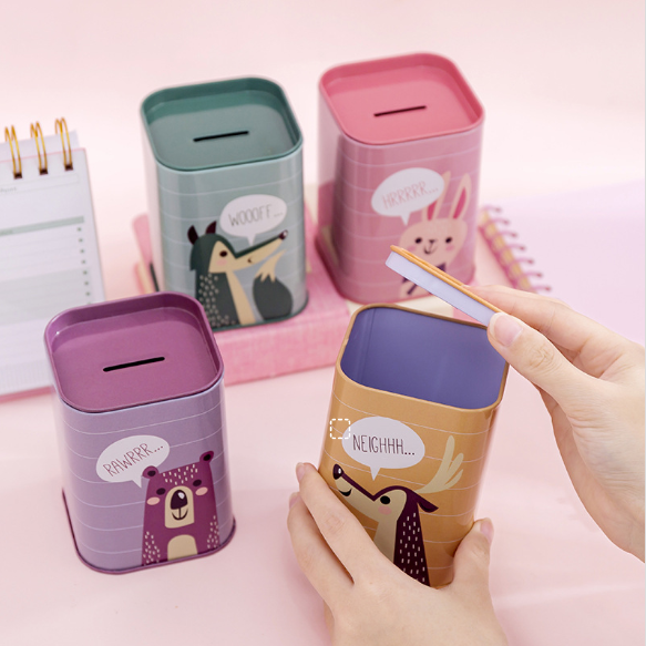 New Money Saving Box Square Metal Tin Piggy Bank Creative Pen Eraser Storage Jar Cartoon Animal Money Savings Jar for Kids