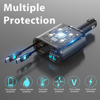 Chargeur de voiture rétractable 4-en-1 haute puissance avec câbles intégrés, ports USB à charge rapide, adaptateur portable pour téléphone portable