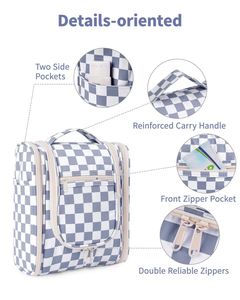 Checkered Large Makeup Bag Travel Toiletry Bag for Women Wide Open Cosmetic Make up Organizer with Handle - Product Image 5