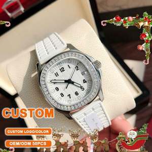 Reloj Mecánico Automático Blanco Personalizado de Alta Calidad con Correa de Goma, Esfera Blanca y Bisel con Diamantes para Mujer - Product Image 1