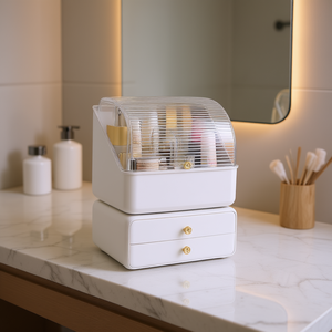 Organizador de Maquillaje Moderno a Prueba de Agua Db con Tapa Transparente, Cajones Dobles, Caja de Almacenamiento de Cosméticos de Plástico Blanco - Product Image 2
