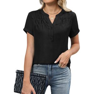 Blusa de Manga Corta con Cuello en V y Botones para Mujer, Estilo Casual para el Trabajo, Camisa de Popelina - Product Image 1