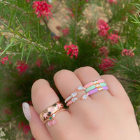 Bague ajustable ouverte pour femme, plaquée or, avec double goutte d'eau colorée et pierre précieuse blanche, émail néon, 5 couleurs, oxyde de zirconium
