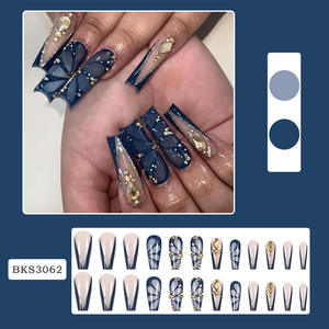 Ongles à presser carrés bleus français en ABS, motif papillon 3D, strass de luxe, 24 pièces, vente chaude - Product Image 3