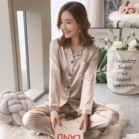 Piyama Wanita Ukuran Besar Polos Lengan Panjang Setelan Piyama 2 Potong Baju Tidur Musim Semi Gugur Setelan Tidur Satin Sutra