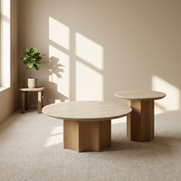 Table basse de salon personnalisable en travertin de luxe léger avec base en bois de frêne antique – Ensemble de tables à thé