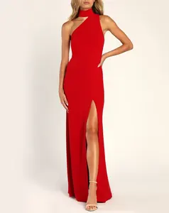 2023 Personalizado vermelho assimétrico recorte Halter Maxi vestido formal para as mulheres
