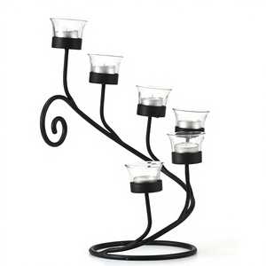 Black Iron Candle <b>Holder</b> Stand 6 Tealight <b>Glass</b> Cups Spiral Curved Metal Candelabra Home Decor - Product Image 1