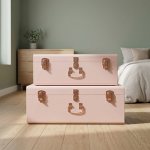 Beautify Blush Pink Vintage Style Steel Metal Storage Trunk Set Lockable Decorative Rose Gold Handles Gift for Wedding - Product Image 3