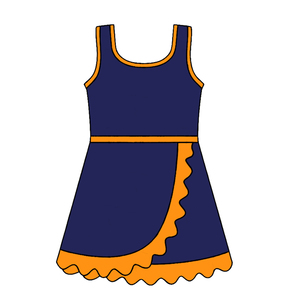 GSD4131 Vestido personalizado para niña pequeña, estilo boutique, color azul marino con ribete naranja, sin mangas, estilo atlético con volantes. - Product Image 1