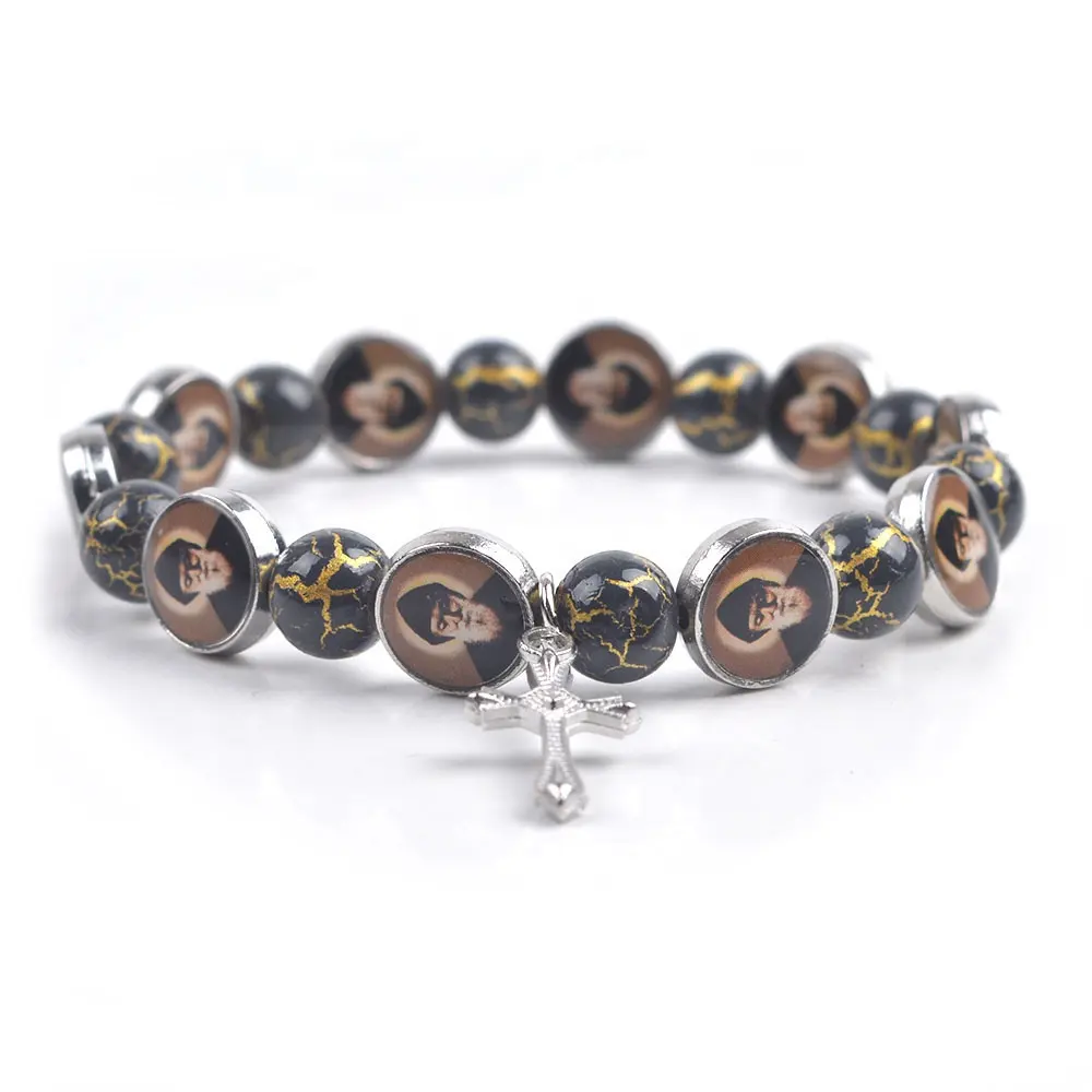St Charbel 8mm Glass Beads with Gold Decoration Catholic Elastic Bracelet