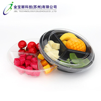 Fabrieksgemaakte zwarte PET plastic ronde voedselbak met 3 compartimenten en deksel, voedselveilig, wegwerpbaar, voor fruit en salade.