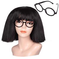 Perruque bouclée noire moyenne et moelleuse pour femmes adultes avec frange coupée et monture ronde en verre