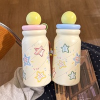 Bouteille d'eau isotherme en acier inoxydable à motif étoiles mignonnes avec couvercle à bille et cordon perlé, tasse thermos portable de voyage