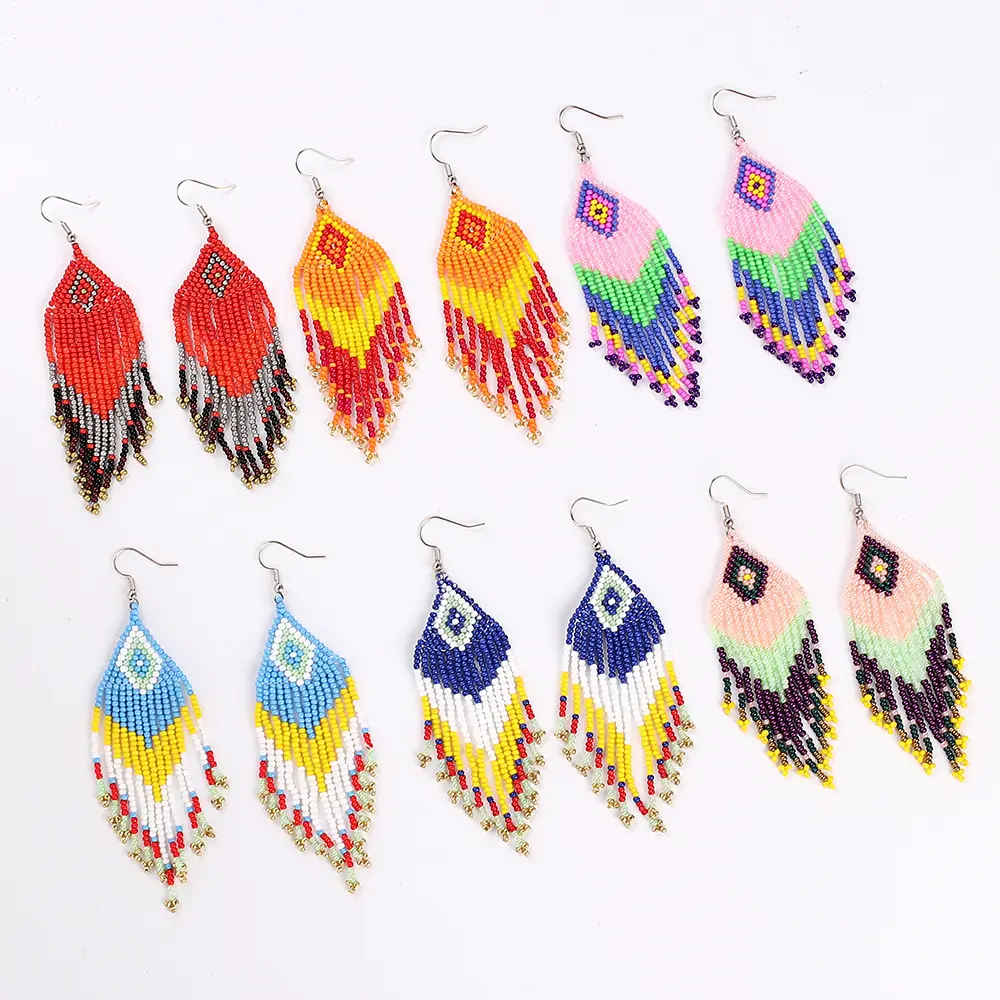DAIHE Colorful Handmade Boho Bead Long Drop Tassel Earrings Women Ethnic Earrings