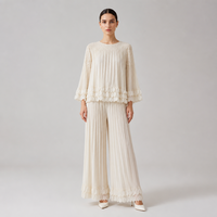 Ensemble Tunique Plissée Crème de Luxe et Pantalon Large pour Femme, Brodé avec Ourlet Festonné, Tenue Modeste Deux Pièces, Vente en Gros, Nouveauté Boutique