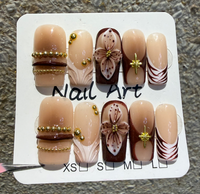 TSZS 10 pièces – Faux ongles à presser faits main, qualité salon, pointe française noire, motifs floraux 3D de luxe, carrés, épais, en acrylique, prêts à poser