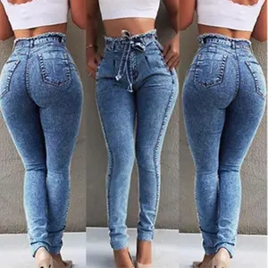 WJ025 थोक उच्च गुणवत्ता फैशन जीन्स महिलाओं पतला हल्के नीले रंग की डेनिम पैंट फट व्यथित महिलाओं जीन प्लस आकार