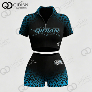 Ensemble short et haut à manches courtes personnalisé pour <span class=keywords><strong>femme</strong></span>, imprimé léopard dégradé avec strass, demi-zip, streetwear, ensemble deux pièces, survêtement d'été, OEM - Product Image 2