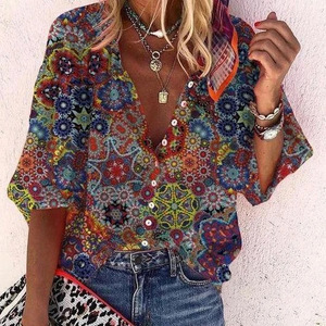 Women's 3D Printed Geometric Pattern Shirt Long Sleeve V Neck Holiday <b>Blouse</b> Summer Casual Top With Stand Collar Style - Product Image 2