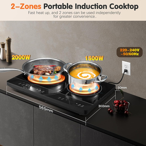 Table de cuisson à induction portable avec plaque en cristal, 10 niveaux de puissance, minuterie 180 minutes, commande tactile, chauffage indépendant 2 zones - Product Image 2