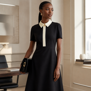 Elegante Abito Midi in Maglia <span class=keywords><strong>Nero</strong></span> a Contrasto con Collo a Polo, Maniche Corte e Cerniera, Stile Old Money Chic per l'Estate - Product Image 1