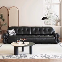 Französischer Retro-Stil Schwarzes Zuckerwolken-Echtleder-Sofa mit Fernbedienung, Ausziehbar, Gerade, Elektrisch Verstellbares Schlafsofa