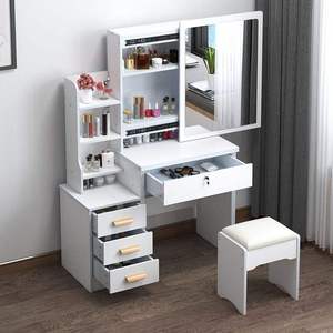 Tocador Moderno con Espejo LED para Dormitorio de Mujer, con Almacenamiento, Panel de Madera MDF, Blanco, Mueble de Hotel para Maquillaje y Peinado - Product Image 1