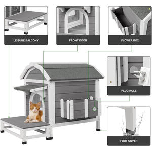 Refugio moderno de madera para gatos al aire libre con techo resistente a la intemperie Puertas de escape Pisos extraíbles Balcón grande-Casa para gatos al aire libre Gatos Perros - Product Image 5