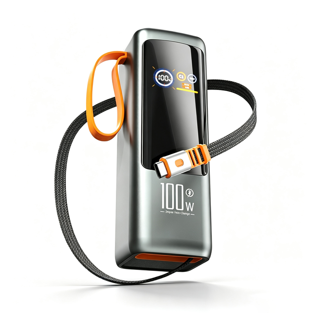 High Power 100W Built-in Cable Fast Charging Lanyard Power Bank 25000mAh Large Capacity Digital Display Mobile Power Supply