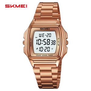 Skmei Digital Watch Men Stainless Steel Band Rose Gold Case Electronic Watch With Countdown Timer Square Design - Product Image 5