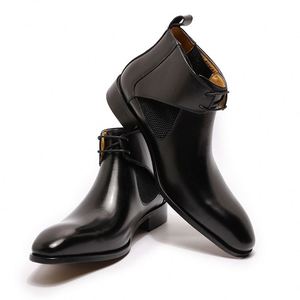 Designer Genuine Leather Square Toe Ankle <b>Boots</b>-Waterproof Lace-Up Formal Men's Shoes with Height Increasing for Autumn/Winter - Product Image 4