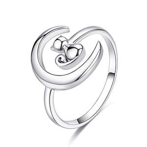 Perhiasan keberuntungan mode 925 perak murni cincin terbuka bisa disesuaikan kucing lucu bulan sabit - Product Image 4