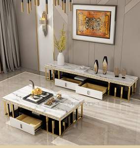 Mueble de TV con Cajones de Madera, Mesa de Centro con Tapa de Cristal y Diseño de Paneles en Estilo Nórdico Moderno <span class=keywords><strong>para</strong></span> Sala de Estar de Alta Gama - Product Image 5