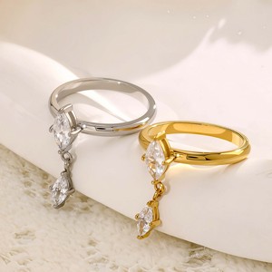 1 pièce Bague pendentif en acier inoxydable plaqué or 18 carats avec zircon 3D en forme de goutte d'eau et pompon bicolore, tendance pour tenue quotidienne - Product Image 1